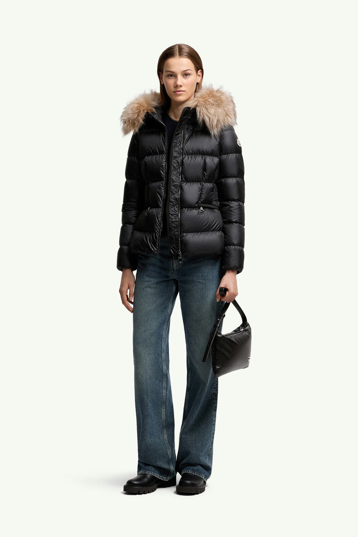 MONCLER BOED HOODED SHEARLING TRIMMED SHORT DOWN JACKET